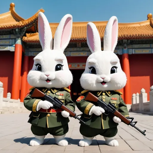 two cute and furry white rabbits are in Chinese PLA military uniforms with rifles in hands before 