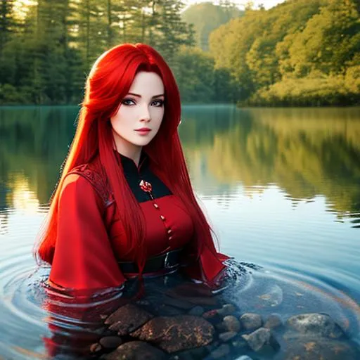 Prompt: Lady of the lake with Red hair, highly detailed, professional, render, Sharp focus, HD, UHD, HDR, hyperrealistic 