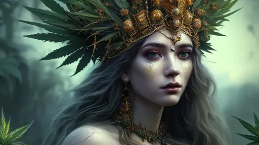 Prompt: beautiful goddess crowned and dressed in marijuana detailed face hyper realistic extremely detailed dark cinematic UHD