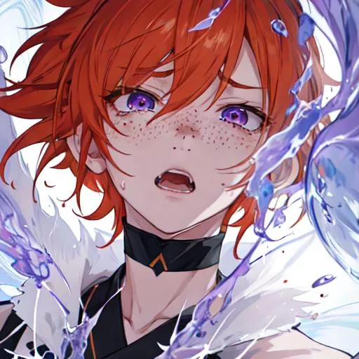 Prompt: Erikku male adult (short ginger hair, freckles, right eye blue left eye purple) UHD, 8K, Highly detailed, insane detail, best quality, high quality,  anime style, in purgatory, yelling, upset, crying out for help, afraid, fearful