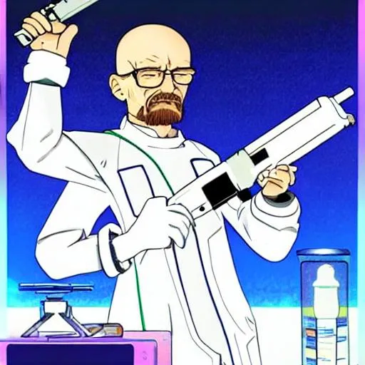 Prompt: walter white in lab suit with a gun 90s anime style