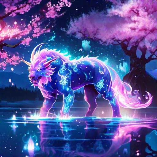 Prompt: A fantasy translucent chimera that is glowing, on a lake surrounded by cherry blossom trees, beneath the stars, bioluminescent, highres, best quality, concept art