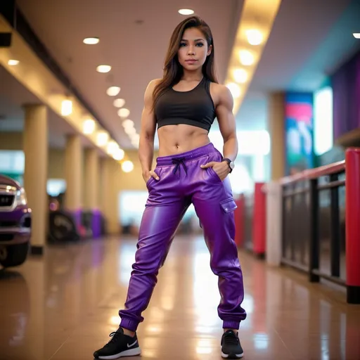 Prompt: Muscular Phillipino girl in loose bright purple leather joggers, UHD, Bokeh