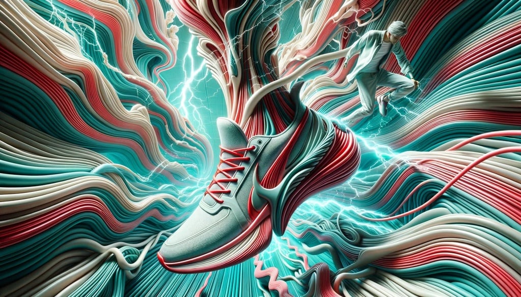 Prompt: c4d hdr pxs hd, in the style of surreal fashion photography, light aquamarine and red, energy-filled illustrations, shoe paintings, conceptual portraiture, chromepunk, lightningwave