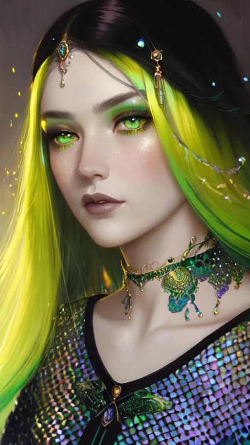 Prompt: A beautiful woman, beautiful face, stunning snake green eyes, ombre gradient green hair, delicate dress made of gradient iridescent snake scales details by pino daeni, tom bagshaw, Cicely Barker, Daniel Merriam, intricate details by Andrew atroshenko, James Jean, Mark Ryden, charlie bowater, WLOP, Jim burns, esao Andrews, Megan duncanson, beautiful portrait , very detailed, high definition, crisp quality, cinematic smooth, cinematic lighting, ultrarealistic, crispy focus 