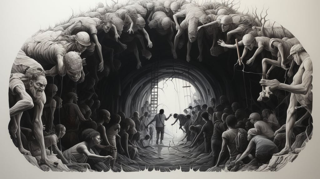 Prompt: human emerge from human emerge from human emerge from human, black and white pencil drawing