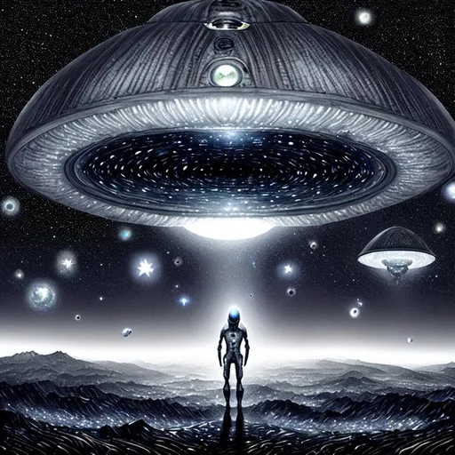 Prompt: {grey}alien, UFO, starry night, expansive cosmic background beautiful dark chaos --s3200
