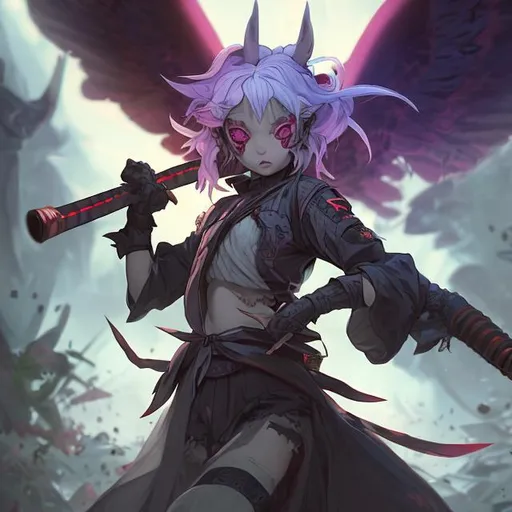 Prompt: a young demon (multi-color hair) (multi-color eyes)(she has rabbit ears) holding a katana, fighting, in a gunfight, bullets flying, fighting in a rural area, sad, (demon tail), (angel wings), lunging at the center, flying in the air

a masterpiece, 8k resolution, dark fantasy concept art, by Greg Rutkowski, dynamic lighting, hyperdetailed, intricately detailed, Splash screen art, trending on Artstation, deep color, Unreal Engine, volumetric lighting, Alphonse Mucha, Jordan Grimmer, purple and yellow complementary colours sinister by Greg Rutkowski