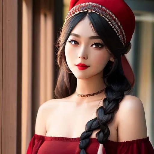 Prompt: a pretty girl wearing a red hat, a long dark braid ovever her left shoulder