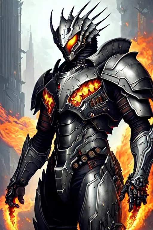 Prompt: Poster art, high-quality high-detail highly-detailed breathtaking hero ((by Aleksi Briclot and Stanley Artgerm Lau)) - ((a reptile head )), male,highly detailed reptile head,  detailed scaly skin , flames all around, detailed gun metal grey mech suit, full body, black futuristic mech armor, wearing mech armour suit, 8k,  full form, jungle  setting, has highly detailed flame thrower, full form, epic, 8k HD, fire, sharp focus, ultra realistic clarity. Hyper realistic, Detailed face, portrait, realistic, close to perfection, more black in the armour, 
wearing blue and black cape, wearing carbon black cloak with yellow, full body, high quality cell shaded illustration, ((full body)), dynamic pose, perfect anatomy, centered, freedom, soul, Black short hair, approach to perfection, cell shading, 8k , cinematic dramatic atmosphere, watercolor painting, global illumination, detailed and intricate environment, artstation, concept art, fluid and sharp focus, volumetric lighting, cinematic lighting, 
