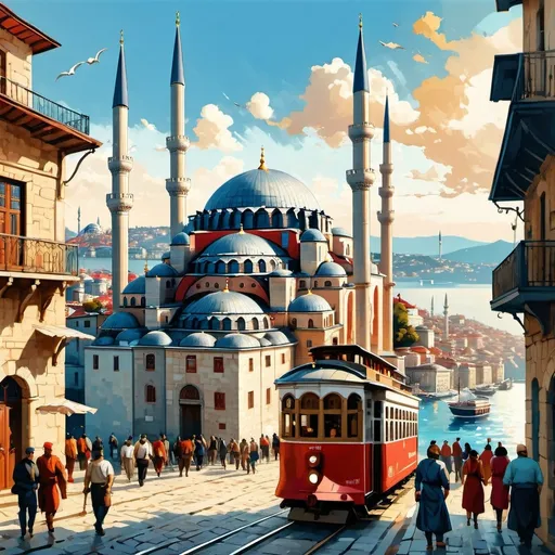 Prompt: view on istanbul skyline from istiklal street, blue sky, bustling street, red tram, railway, bright buildings, 8k resolution, concept art, complementary colors, vivid colors, hyperrealism, golden hour, complex, detailed, expansive, retro, hyperrealistic, extremely detailed painting by Greg Rutkowski by Steve Henderson