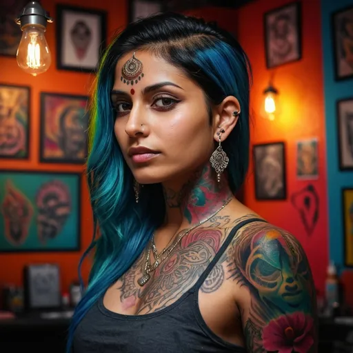 Prompt: Tattooed woman in a vibrant tattoo studio, realistic digital painting, colorful and detailed tattoos, high quality, realistic, vibrant, detailed tattoos, tattoo shop, professional, moody lighting. Indian woman men's