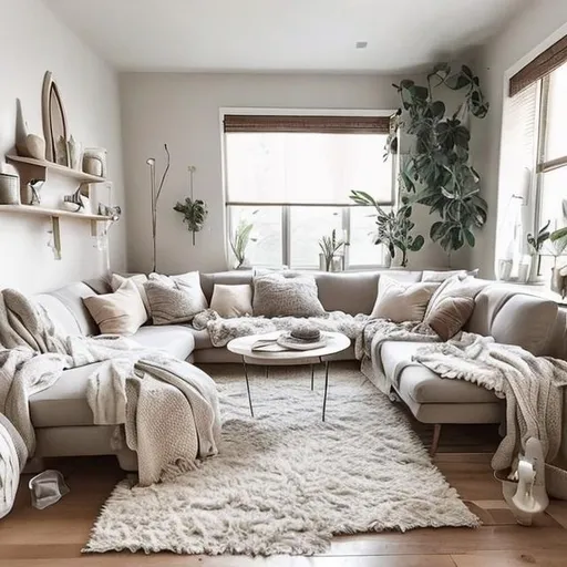 Prompt: Create an image of a living room that feels super relaxing and cozy. Picture a color scheme that's soft and natural, like shades that go well together, but also have a touch of happiness and calmness.

Imagine a big, comfy sofa made of pure wood, covered in soft fabric that feels nice. There's a beautiful, clean carpet on the floor, and a really cool table right between the sofas. On the table, there's an ashtray and a piece of art that looks really cozy.

Look up, and there's a beautiful ceiling with lights that make the room glow. There's even a fan up there to keep things nice and breezy.

At the back of the sofa, there's a big window that lets in gentle sunlight during the day. On the other wall, there's a big TV. Right under it, there's a fancy shelf called a showcase, and it's filled with books.

In the corners of the room, there's a lamp that gives a soft light, and even a fake tree that adds a touch of nature.

When you walk into this room, you should feel super relaxed and comfortable. It's like a cozy place where you can just kick back and chill.