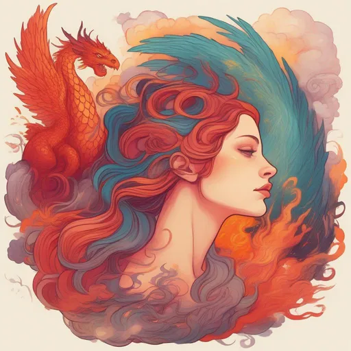 Prompt: A colourful and beautiful Persephone, with hair being made out of lava, surrounded by a dragon and a pheonix, flying in the sky in a painted style