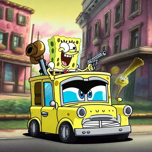 Prompt: spongebob holding a gun doing a drive-by