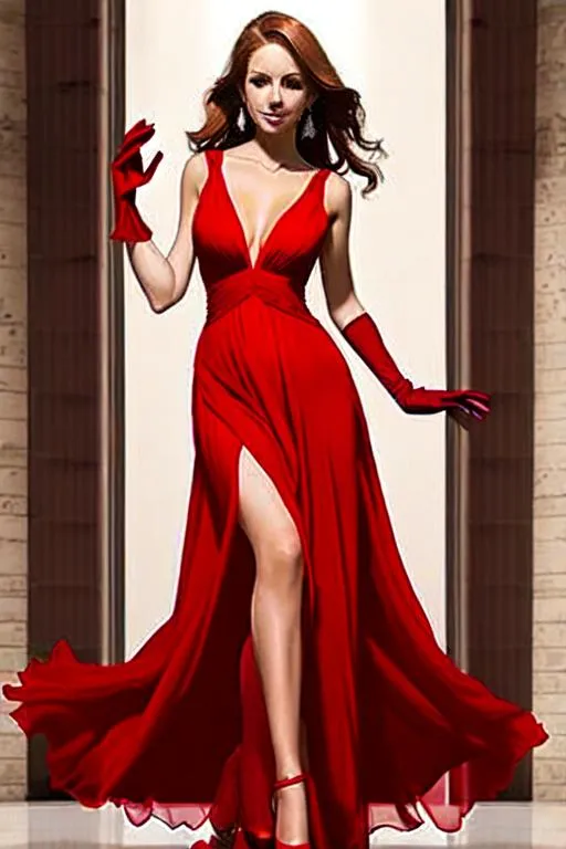 Prompt: A beautiful woman in red deep V-neck sleeveless chiffon dress and long gloves