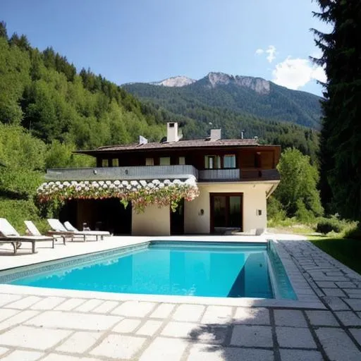 Prompt: Adolh Hitlers secret villa in a deep valley in Alps. It is art deco style combined with bauhaus. There are trees around it. A big pool with. 