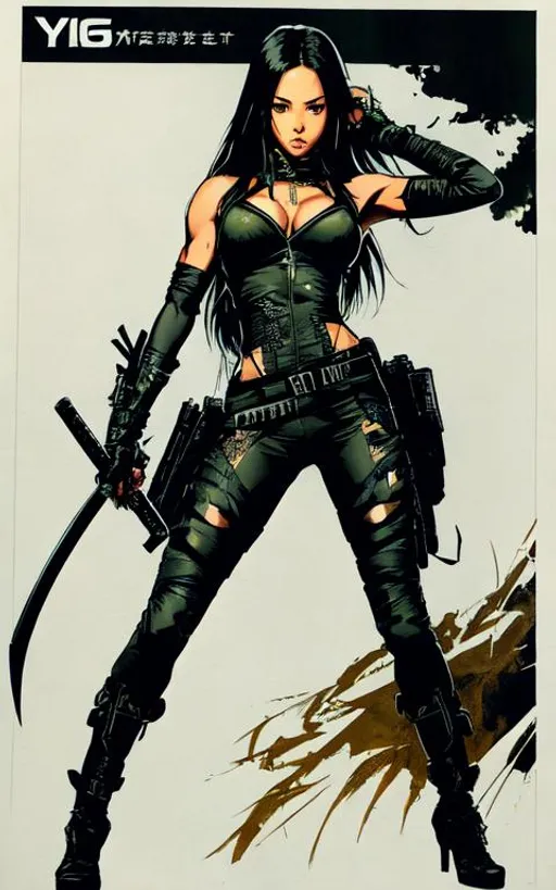 Prompt: (((Yoji Shinkawa))), sticker of ultra detailed portrait of Aaliyah Dana Haughton in black ninja outfit holding sheathed katana, high quality cell shaded illustration in post apocalyptic style by Yoji Shinkawa, ((full body)), dynamic pose, perfect anatomy, centered, freedom, soul, black long hair, approach to perfection, cell shading, 4k , cinematic dramatic atmosphere, watercolor painting, global illumination, detailed and intricate environment, artstation, concept art, fluid and sharp focus, volumetric lighting, cinematic lighting, Art by Yoji Shinkawa,