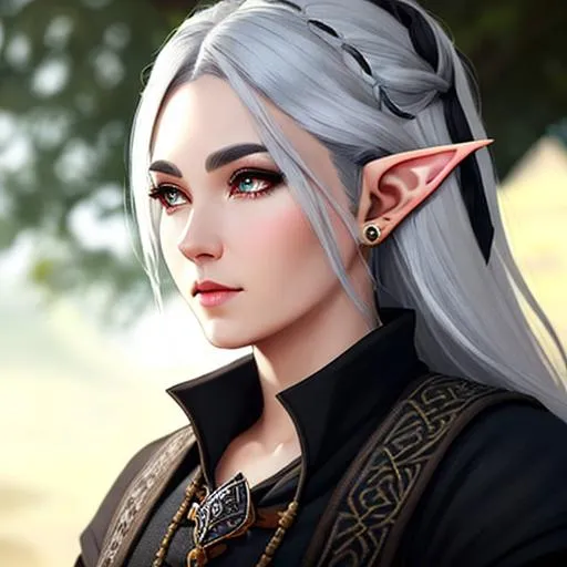 Prompt: half body portrait, male, pointed ears, drow elf, gray ears, ((gray skin:0.6)), detailed face, detailed eyes, full eyelashes, ultra detailed accessories, detailed village, village worker, background, simple apron, short messy hair, black hair, dnd, artwork, fantasy ,inspired by D&D, concept art, ((looking away from viewer)), ((muted colors)), ((faded colors)), art inspired by Agnes Cecile