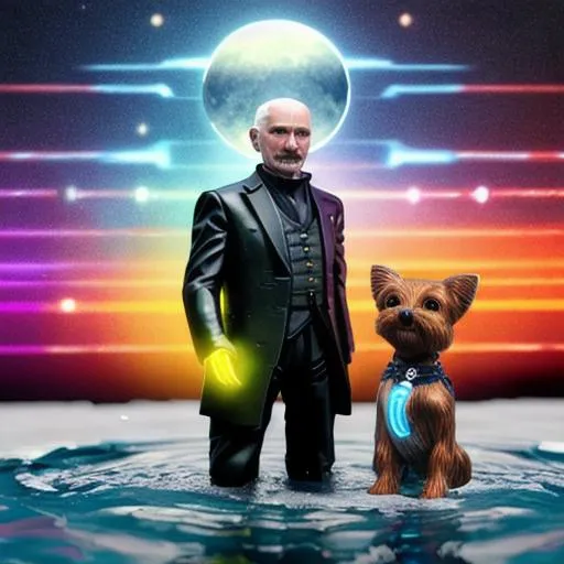 Prompt: image of cyborg Thomas hobbes with robot yorkie terrier on water fall, aliens and moon, beams of neon rays, ai render, smoke, water and ice, black mirror, time lapse