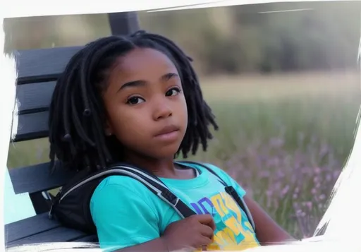 Prompt: A black girl sitting on a bench in a peaceful meadow, wearing a backpack saying "PrestonPlayz" on it.