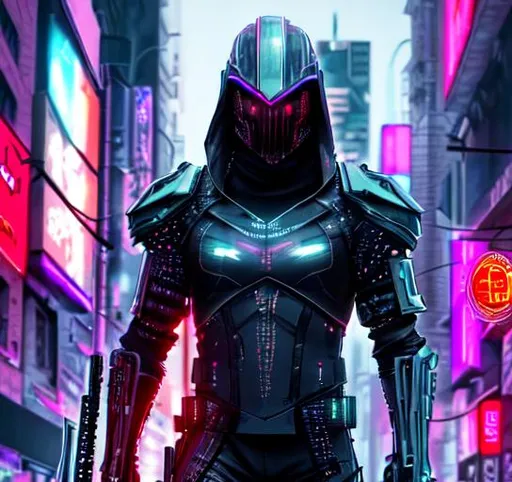 Prompt: UHD, , 8k, high quality, neon lighting, cyberpunk, hyper realism, Very detailed,  clear visible face, male futuristic assassin, he is wearing a armor plated suit, he is standing in a city street, wearing helmet, wielding weapon