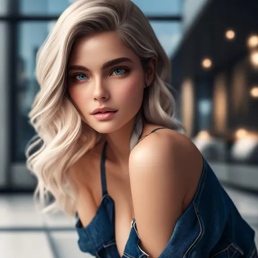 Prompt: Masterwork, octane render, realistic, busty blonde woman with blue eyes, voluminous hair, short black cropped, short blue jean shorts, no makeup, black and white sneakers, full body, by wlop