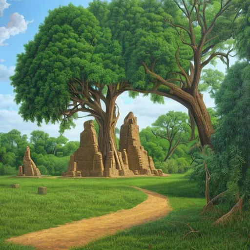 Prompt: A realistic oil painting of ancient Cahokia in rural Illinois lush and green