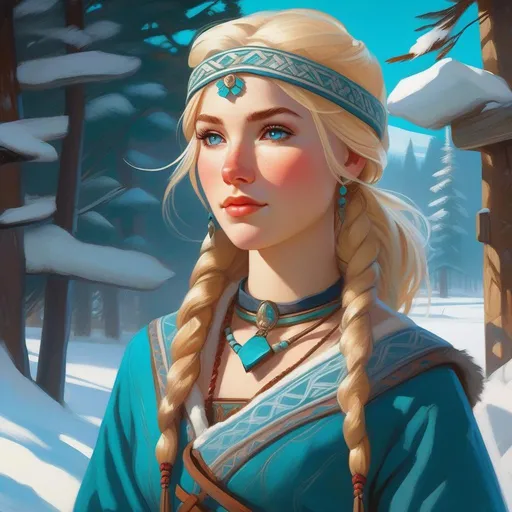 Prompt: Third person, gameplay, ancient Saami girl, pale skin, freckles, blonde hair, teal eyes, blue atmosphere, snow, cartoony style, extremely detailed painting by Greg Rutkowski and by Henry Justice Ford and by Steve Henderson 