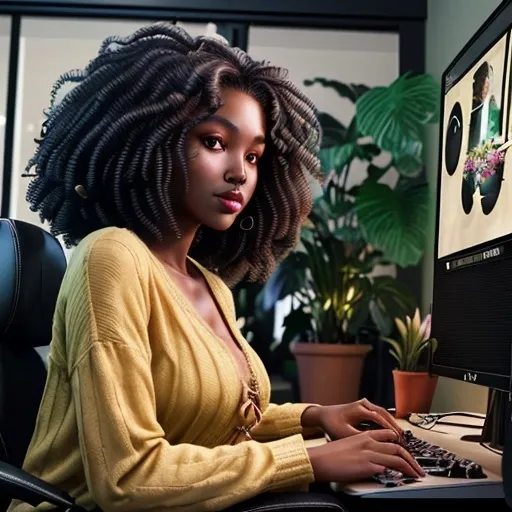 Prompt: Black dark skinned woman with curly 4c hair in a pineapple full lips almond eyes sitting at a gaming pc in a cozy gaming room with plants and beautiful gaming set up