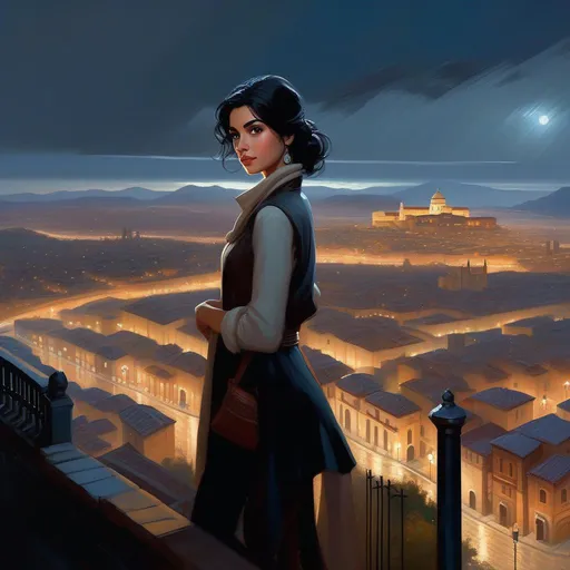 Prompt: Third person, gameplay, Cordoban girl, pale skin, black hair, brown eyes, Cordoba at night, skyscrapers, mountains in the distance, rain, cold atmosphere, cartoony style, extremely detailed painting by Greg Rutkowski and by Henry Justice Ford and by Steve Henderson 

