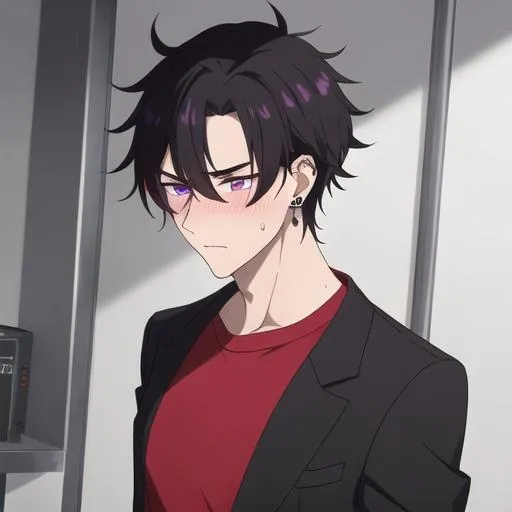 Prompt: Male young adult, 19, (Short black messy hair falling between the eyes, sharp and tired purple eyes, and a feminine body), red shirt untucked, black pants, sloppily dressed,  Black piercings, highly detailed face, 8K, Insane detail, best quality, UHD, highschooler, handsome, flirty, blushing, shy