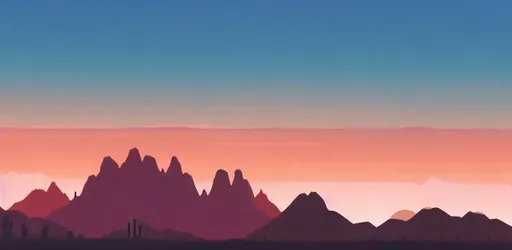 Prompt: Multiple layers of silhouette Arizona mountains, with silhouette of tall man figure, sharp edges, at sunset, with heavy fog in air, vector style, horizon silhouette Landscape wallpaper by Alena Aenami, firewatch game style, vector style background