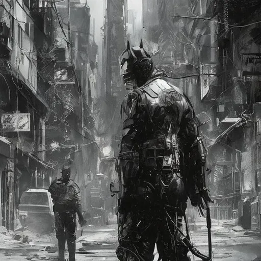 Prompt: Very dark black and green evil distant future bionic batman. Accurate. realistic. evil eyes. Slow exposure. Detailed. Dirty. Dark and gritty. Post-apocalyptic Neo Tokyo. Futuristic. Shadows. Sinister. Armed. Fanatic. Intense. 