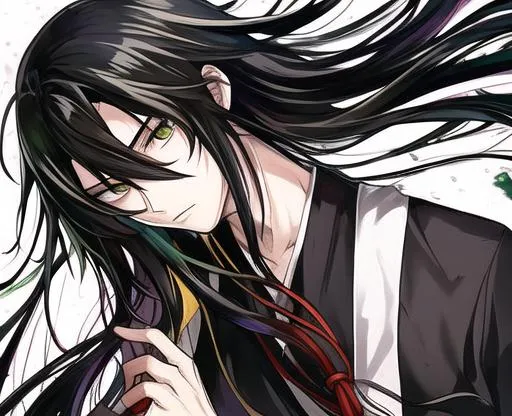 Headshot of anime guy with long straight black hair,... | OpenArt