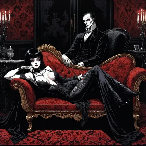 Prompt: Junji Ito manga style Black and White, Elvira Mistress of the Dark lying on her side on a Chaise Lounge with Lionel Atwill next her), baroque style, dark color scheme, elegantly gothic attire, intricate details, dim lighting, dramatic shadows, opulent background, luxurious textures, ornate furniture, deep reds and blacks, baroque patterns, solemn atmosphere, rich color tones, dark romanticism, ultra-detailed, 4K, photorealistic masterpiece, timeless elegance.