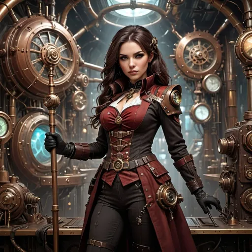 Prompt: (female starship captain), (long flowing dark hair), (holding a steampunk cane), standing confidently over a (futuristic navigation table), adorned in a richly detailed (red and black steampunk outfit), showcasing intricate and ornate designs, surrounded by gears and machinery, glowing cybernetic enhancements, dramatic ambient lighting, rich color tones of brass and copper, high-quality 4K resolution, capturing a sense of (adventure) and (exploration) in a stellar sci-fi environment.