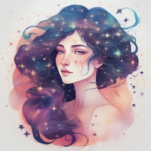 Prompt: Colorful and beautiful Persephone with hair that is made out of the stars and constellations