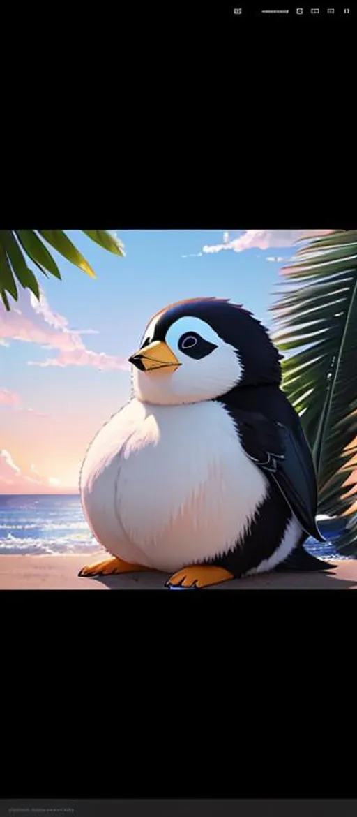 Prompt: illustration art, front, modern fashion, epic Instagram, artstation, hyperdetailed, unreal engine, modern anime anime style, complementary colors, 8k, deviantart masterpiece, oil painting, heavy strokes, a cute chubby peguin chilling on the beach named CN8