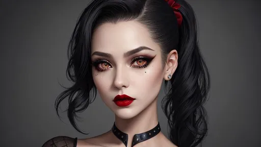 Prompt: masterpiece, best quality, 1girl, solo, (natural skin texture, realistic eye and face details:1. 5), (dark:1. 4), deep shadow, extremely detailed lady, detailed eyes and face, piercing eyes, red lipstick, no black eyeliners, detailed goth clothing, ponytails, black hair, Nikon d850 film, hyper-realistic, real-life texture, dramatic, lighting, unreal engine, (facial clarity:1. 5), (transparent clothes:1. 1) gothic style, black lace, tattoo