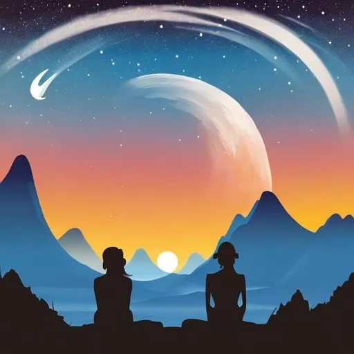 Prompt: create a painting of a night mountain scene dominated by a bright full moon with the silhouette of two women sitting together in the foreground
