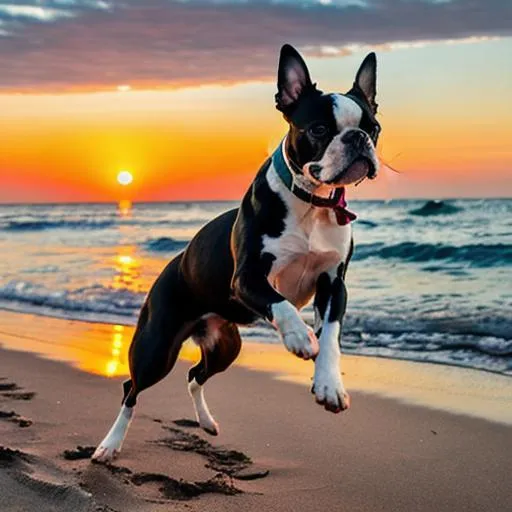 Prompt: Boston terrier on the beach jumping after a tennis ball in the sunset