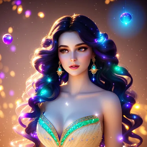 Prompt: Beautiful ethereal girl, ((snow white skin)), magic glowing orbs, ((wearing diamantine intricate gown)) ((long bright multi coloured galaxy curly hair)), glowing, trails of light, wisps, soft white skin, slight sparkles, unreal engine 8k octane, 3d lightning, stellar, quartz, gem rain, luminous chest, fantasy