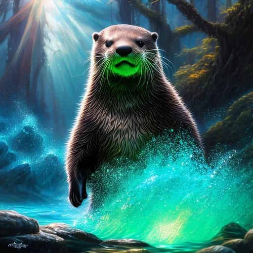 Prompt: Otter, magical, dreams, mtg, Magic the Gathering, lake, Black, blue, red, green, Otter Wizard, hat, Wizard hat, highly detailed, 4 k, hdr, smooth, sharp focus, high resolution, award - winning photo, clayton crain, anne stokes, photorealistic Cynthia Sheppard, MTG, full body, Dynamic lighting, action pose, casting a spell, Lutri the spellchaser