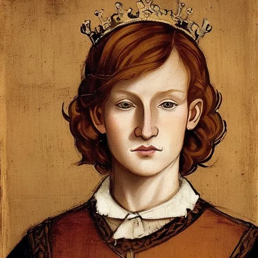 Prompt: Medieval portrait of a slightly feminine looking king, with shoulder length ginger hair, no facial hair. 1900s style medieval portrait. (Optional: feature a crown on his head similar to that of the ruler of Poland-Lithuania) (Optional: cat ears can be featured)