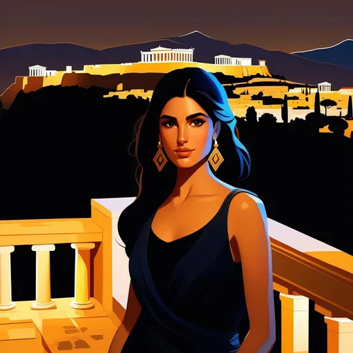 Prompt: Third person, gameplay, Greek girl, olive skin, brown hair, brown eyes, 2020s, Athens at night, Acropolis in the background, warm atmosphere, cartoony style, extremely detailed painting by Greg Rutkowski and by Henry Justice Ford and by Steve Henderson 