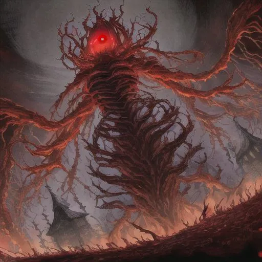 Prompt: Giant sentient ent with glowing red eyes, roots consuming a fantasy village, terrifying, godlike stare