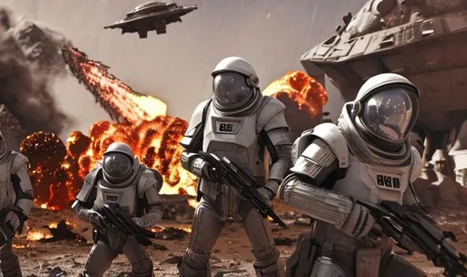 Prompt: space men war vs aliens battle fire death explosions ice planet action extreme violence power armour 