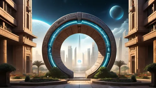Prompt: magical portal between cities realms worlds kingdoms, circular portal, ring standing on edge, upright ring, freestanding ring, hieroglyphs on ring, complete ring, ancient egyptian architecture, gardens, hotels, office buildings, shopping malls, large wide-open city plaza, panoramic view, night, futuristic cyberpunk dystopian setting