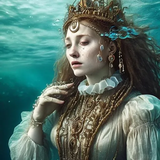 Prompt: woman in 16th century dress underwater crying.  hair, elaborate hair, fabric, lace, bubbles. French hood, jewels, queen.  deep water.